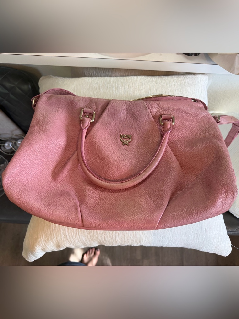 MCM Pink Leather Double-Handle Tote with Gold Logo